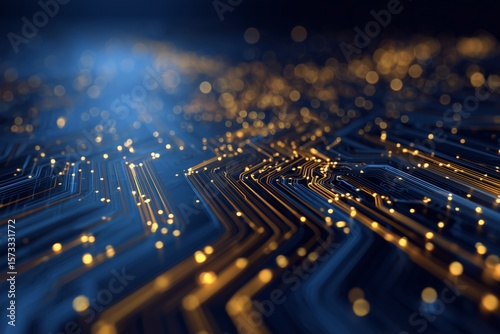 A detailed view of a circuit board illustrates intricate lines and glowing elements. The warm lights create a striking contrast against the dark background, highlighting technology's complexity.