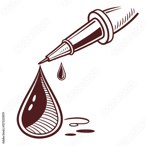 Illustration of a dropper with a liquid drop falling and another drop in the air with a small puddle below