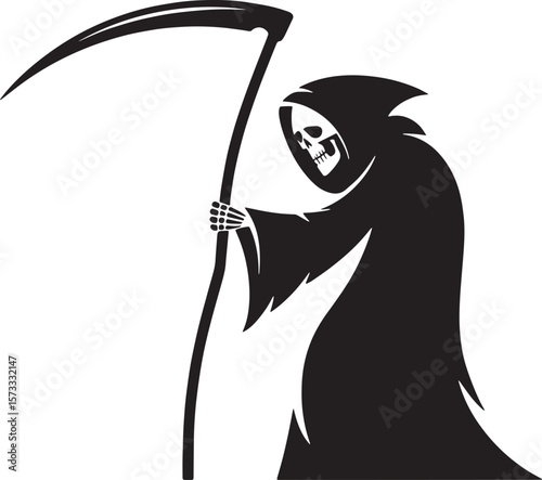 Grim Reaper with scythe Halloween black silhouette vector, spooky simple silhouette design icon on white background, Halloween clipart illustration