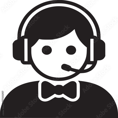 Icon of a customer service representative wearing headset and bowtie in black and white color scheme