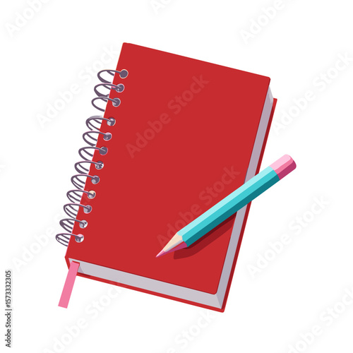 Red sketchbook with colorful pencil on transparent background, modern style, stationery concept, copy space