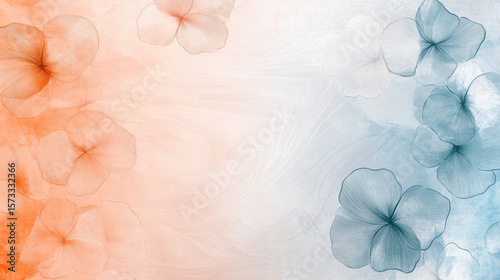 Soft floral background with faded pink and blue flowers, creating delicate and serene design. gradient transitions smoothly between warm and cool tones, enhancing elegant and calming atmosphere