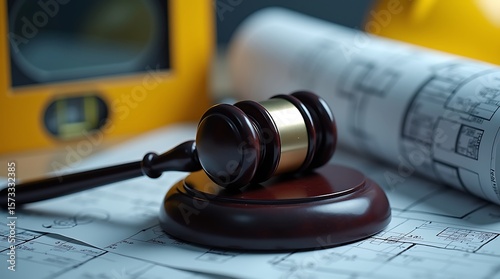 Closeup of a gavel on construction plans and a hard hat