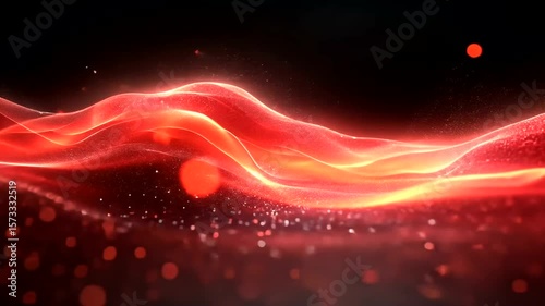 Energetic red glowing particle wave motion graphic background with depth of field