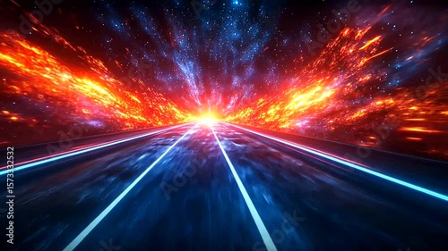 Energetic Sci-Fi Highway Animation with Fiery Sky and Vibrant Colors in Seamless Loop