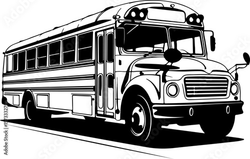 A black and white silhouette illustration of a vintage school bus. The bus is drawn in a minimalist style with clean lines and solid black shapes against a white background. The bus has a classic elon