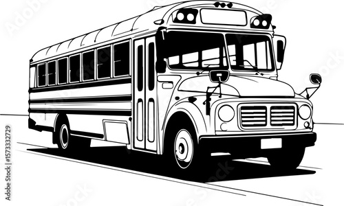 A black and white silhouette illustration of a vintage school bus. The bus is drawn in a minimalist style with clean lines and solid black shapes against a white background. The bus has a classic elon