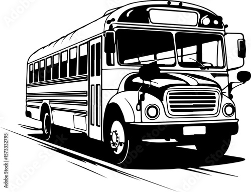A black and white silhouette illustration of a vintage school bus. The bus is drawn in a minimalist style with clean lines and solid black shapes against a white background. The bus has a classic elon