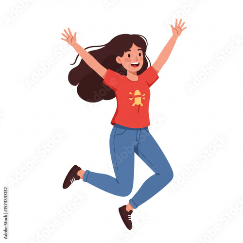 Joyful young woman leaping with arms raised, expressing exuberant happiness and excitement.