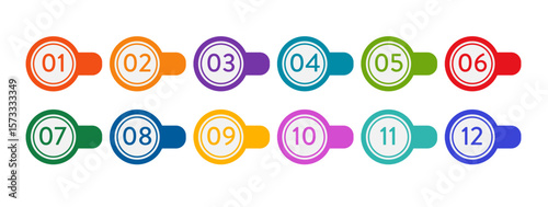 Colorful bullet point markers from 1 to 12. Minimalist round numbered Bullets for Infographics, Diagrams, Presentations, Projects, and Design. Vector Elements isolated on a white background