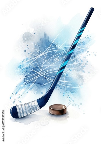Hockey Stick and Puck Watercolor Art - A watercolor painting of a hockey stick and puck on a blue and white background. Perfect for sports fans