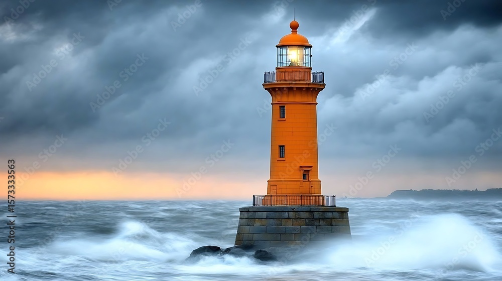 Obraz premium Orange lighthouse stands strong amidst a stormy sea.