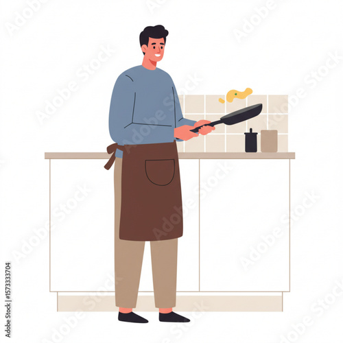 A man flips a pancake in a kitchen, cooking breakfast.