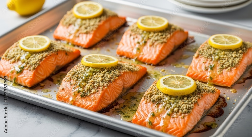 Fototapeta premium Lemon Herb Crusted Baked Salmon - Six delicious salmon fillets baked to perfection, topped with a crunchy lemon herb crust. Perfect for a healthy and flavorful meal