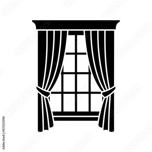 Elegant Window Silhouette: A classic silhouette of a window, adorned with ornate curtains and intricate framing, evokes a sense of timeless elegance and architectural charm.
