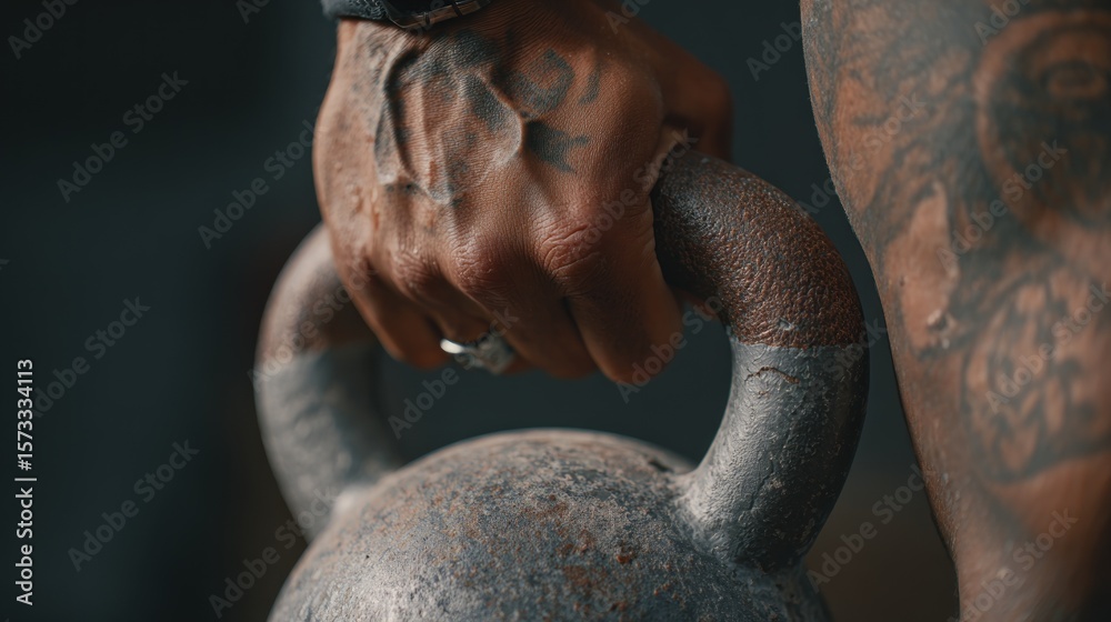 Obraz premium Close-up of tattooed hand holding kettlebell
