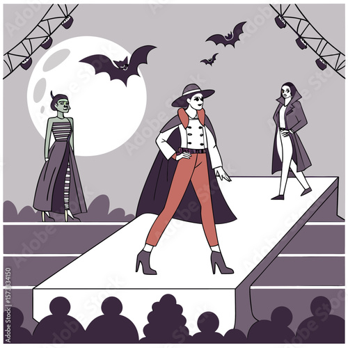 Three stylish models walk a fashion runway under a full moon and flying bats showcasing spooky halloween themed haute couture outfits to an unseen audience