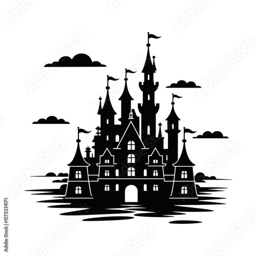Mystic Silhouette Castle: A dark silhouette of a fairytale castle. The image is of a majestic castle with towers, flags, clouds. evokes a sense of magic and wonder. 