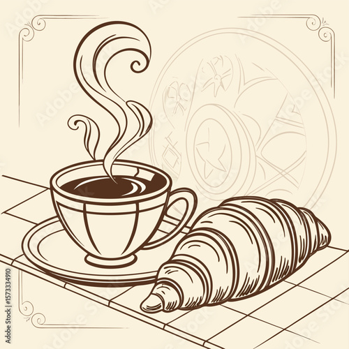 Cozy morning scene illustration with warm beverages and natural light