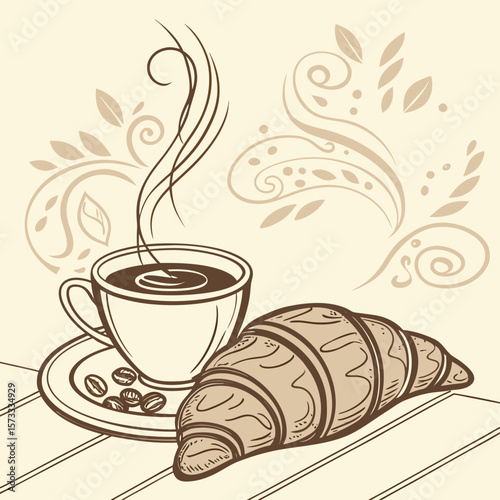 Cozy morning scene illustration with warm beverages and natural light
