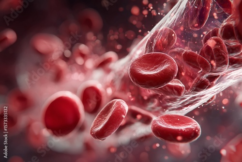 Red blood cells are seen moving through a blood vessel in the human circulatory system. This moment captures the essential process of blood circulation, providing oxygen to tissues.