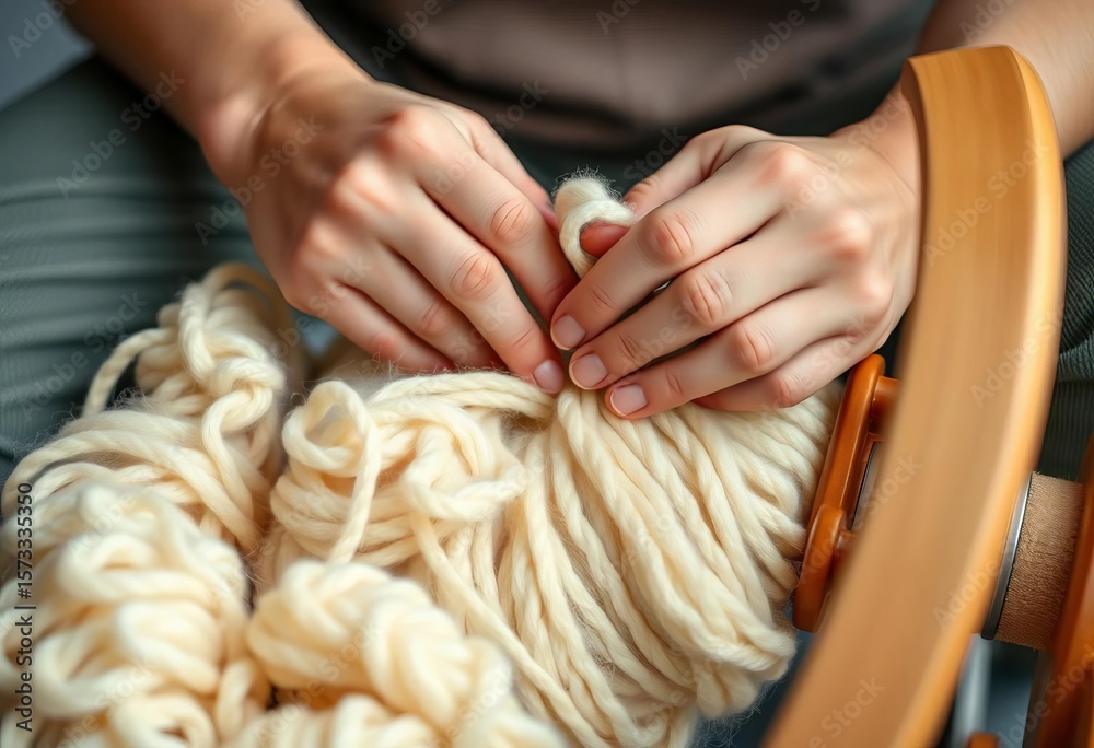 Fototapeta premium Close-up of hands spinning wool on a spinning wheel, creating yarn, spindle, fiber