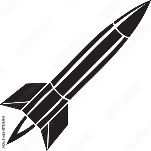 Stylized black rocket ship with fins and exhaust trail isolated on transparent background