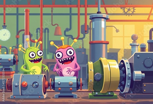 Cute monsters operate whimsical factory machinery in vibrant vector background,  whimsical vector,  robots