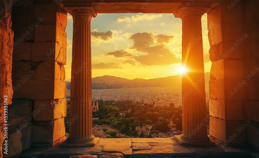 Fototapeta premium The columns, remnants of ancient Greek civilization, rise proudly against the expansive landscape and sunset, symbolizing the lasting grandeur of this historical culture.