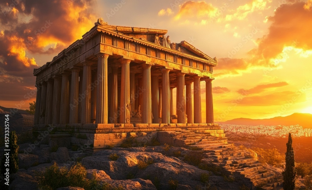 Obraz premium The columns, remnants of ancient Greek civilization, rise proudly against the expansive landscape and sunset, symbolizing the lasting grandeur of this historical culture.