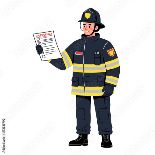 A firefighter in uniform holding and reviewing an emergency checklist.
