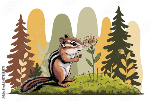 Adorable chipmunk sniffs a daisy in a woodland setting with trees, shrubs, and mountains in the background under soft colors.