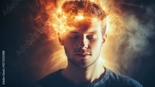 A young man sits with eyes closed, surrounded by bright, fiery energy emerging from his head, symbolizing a powerful mental experience or epiphany.