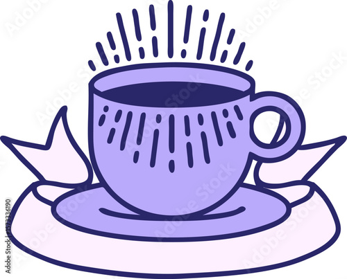traditional tattoo with banner of cup of coffee in bright neon color