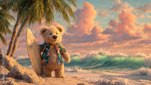 Teddy bear holding surfboard on beach during sunset  