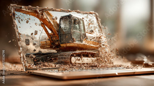 Excavator emerging from laptop screen with dirt and debris flying  