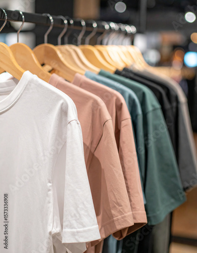 Plain t-shirts of different colors hang on hanger. Blurred store interior. Clothes and fashion.