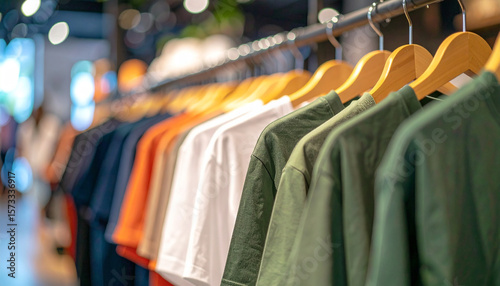 Plain t-shirts of different colors hang on hanger. Blurred store interior. Clothes and fashion.