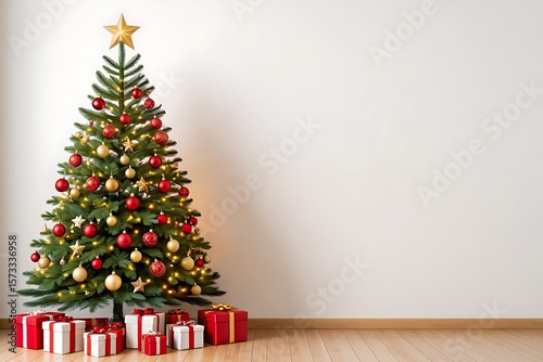 Decorated christmas tree with presents against white wall and wood floor
