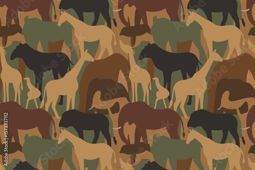Camouflage pattern showcasing diverse wildlife, blending animal silhouettes in earthy tones for a unique jungle print.