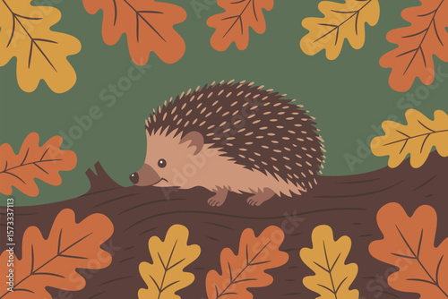 Autumnal woodland scene features a cute hedgehog strolling across a fallen log, surrounded by colorful fall leaves.