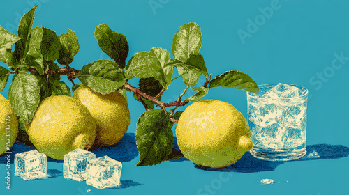 Fresh lemons with ice cubes and green leaves on blue background  
