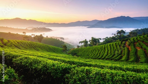 Wallpaper Mural Tea plantation fields in morning fog at sunrise Torontodigital.ca