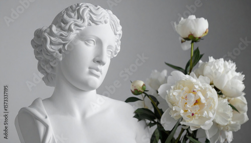 White marble bust of woman with flowers. Plaster antique sculpture.