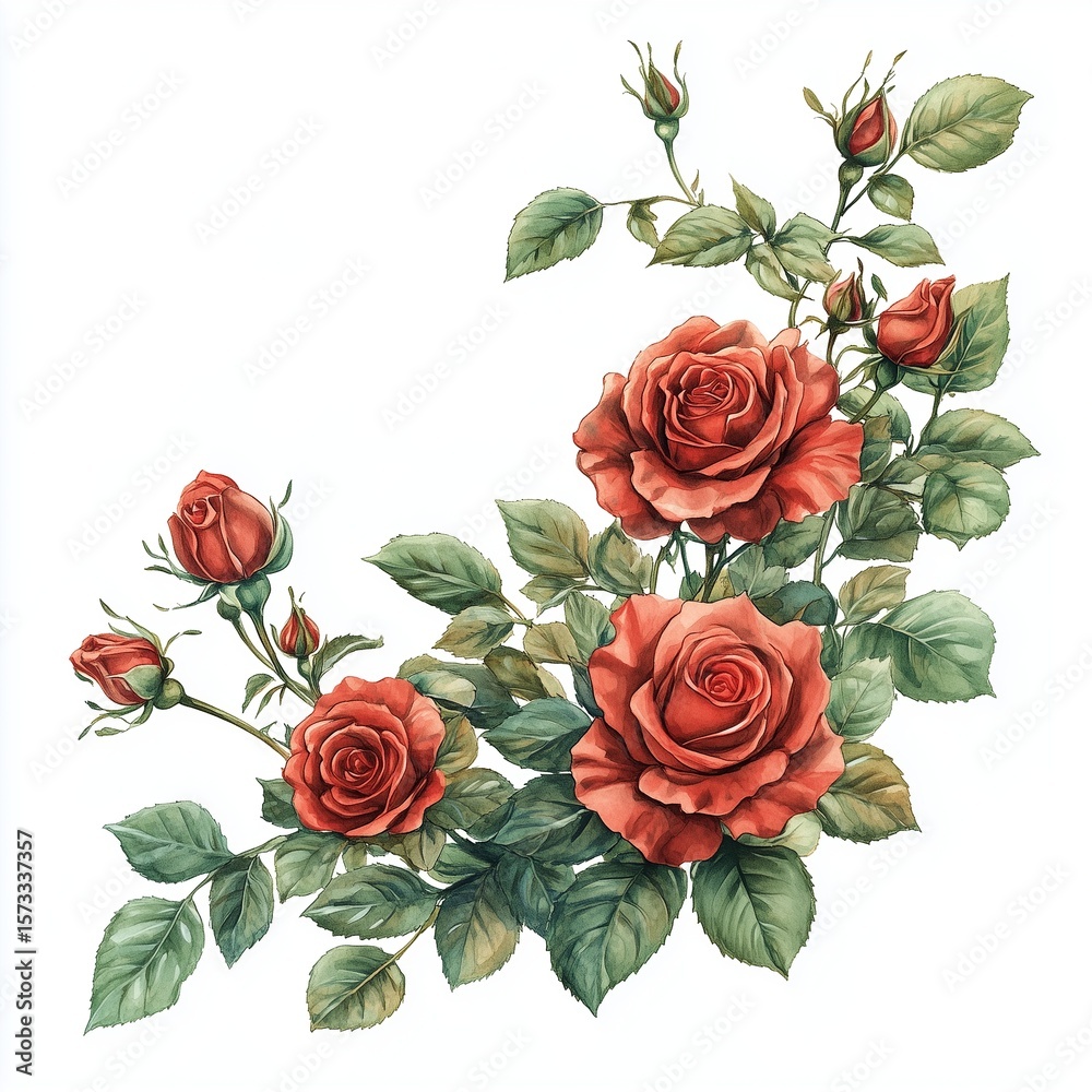 Naklejka premium watercolor illustration of red roses and green leaves on a white background, forming a beautiful floral arrangement