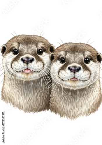 Two Adorable Otter Portraits - Close-up illustration of two cute otters, side by side, looking directly at the viewer. Perfect for nature lovers and animal enthusiasts