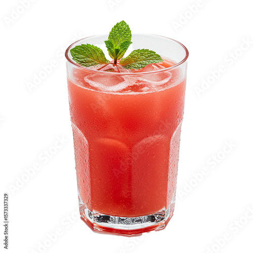 Refreshing watermelon juice in a glass with ice and mint on a white background 