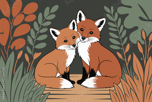 Two adorable foxes nestled together among lush green foliage, creating a heartwarming and autumnal wildlife scene.