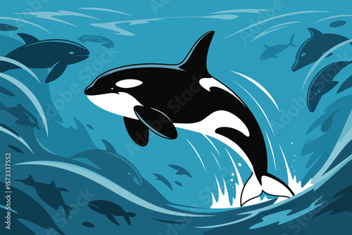 Orca pod surfaces in the ocean water, a playful illustration of killer whales jumping out of the sea with blue waves.
