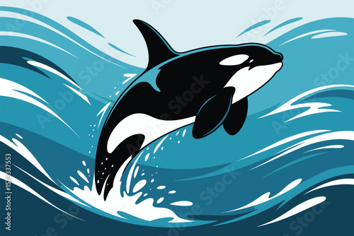 Striking orca leaping from blue ocean waves in a dynamic marine animal illustration, perfect for wildlife and nature themes.